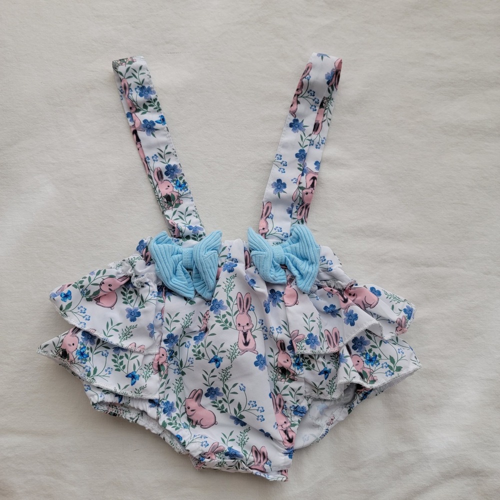 Infant Floral Bunny Suspender Bloomers Ruffle Bumbaker Blue Pink 3-6M